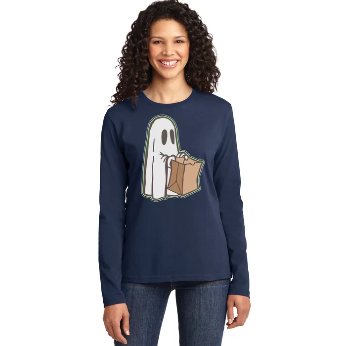 Funny Halloween Ghost with Candy Bag Ladies Long Sleeve Shirt