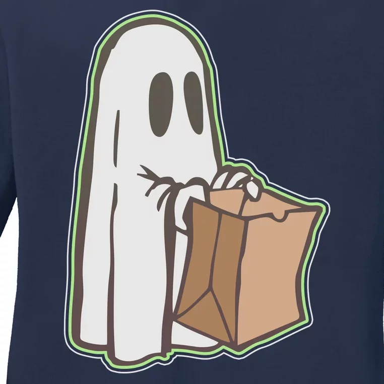 Funny Halloween Ghost with Candy Bag Ladies Long Sleeve Shirt