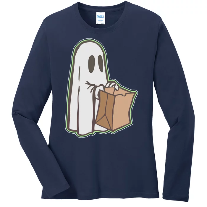 Funny Halloween Ghost with Candy Bag Ladies Long Sleeve Shirt