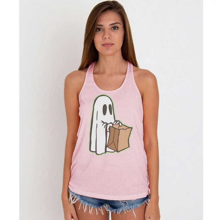 Funny Halloween Ghost with Candy Bag Women's Knotted Racerback Tank