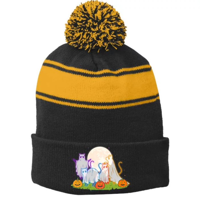 Funny Halloween Ghost Cats Stripe Pom Pom Beanie