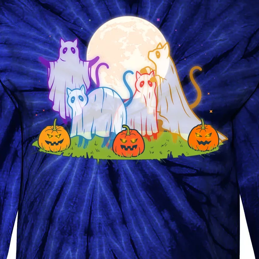 Funny Halloween Ghost Cats Tie-Dye Long Sleeve Shirt