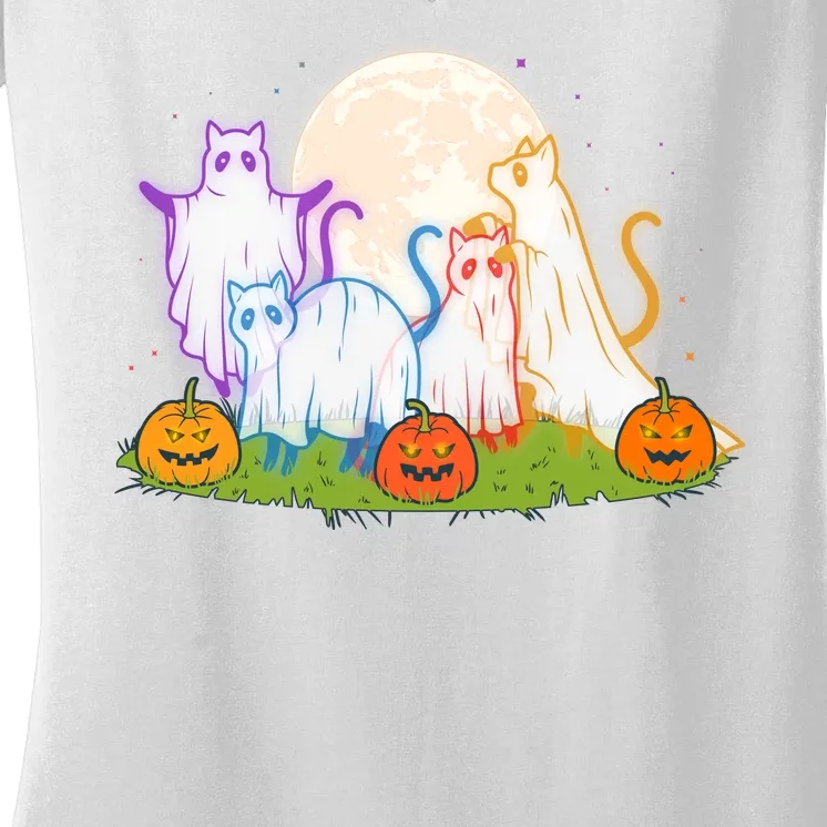 Funny Halloween Ghost Cats Women's V-Neck T-Shirt