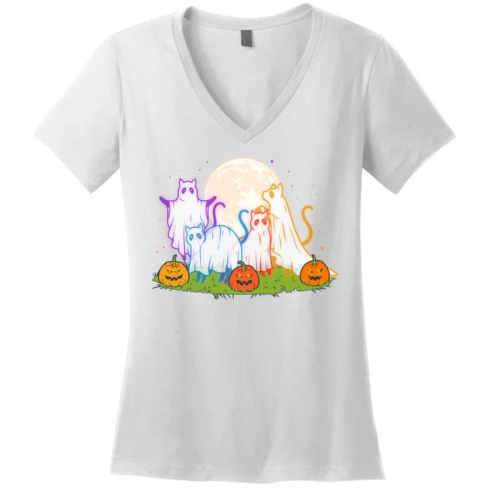 Funny Halloween Ghost Cats Women's V-Neck T-Shirt