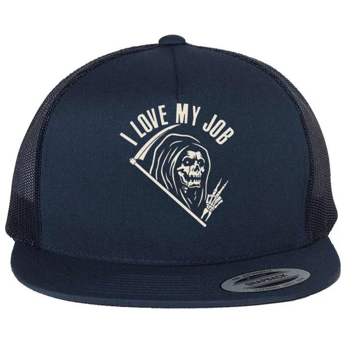 Funny Halloween Grim Reaper I Love My Job Flat Bill Trucker Hat