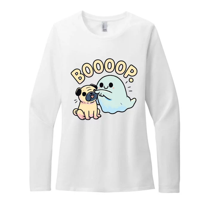 Funny Halloween Ghost Pug Boop Silly Puppy Dog Humor Womens CVC Long Sleeve Shirt