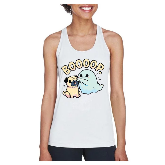 Funny Halloween Ghost Pug Boop Silly Puppy Dog Humor Women's Racerback Tank