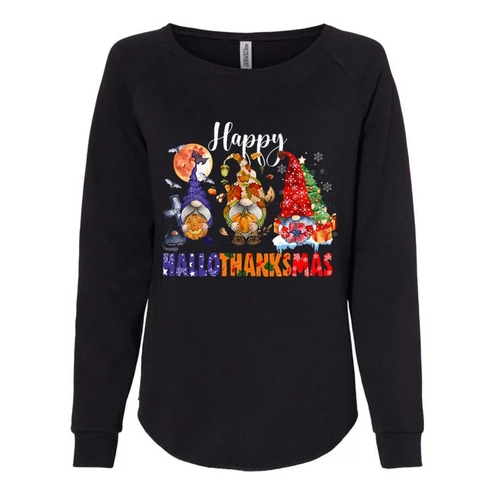 Festive HalloThanksMas Gnomes Spooky Holiday Decor Womens California Wash Sweatshirt