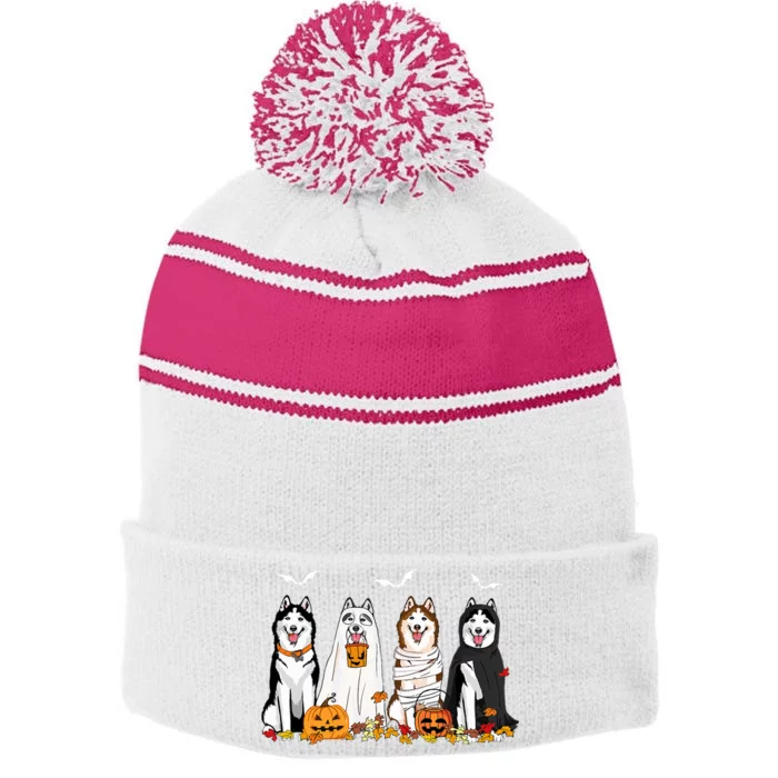 Funny Husky Ghost Dogs Halloween Husky Dog Mom Husky Lover Stripe Pom Pom Beanie