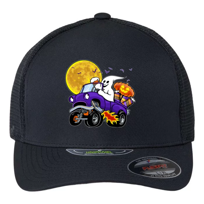 Funny Halloween Ghost Muscle Car Flexfit Unipanel Trucker Cap