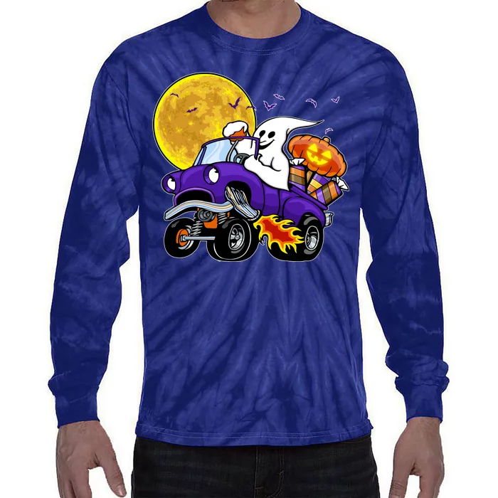 Funny Halloween Ghost Muscle Car Tie-Dye Long Sleeve Shirt