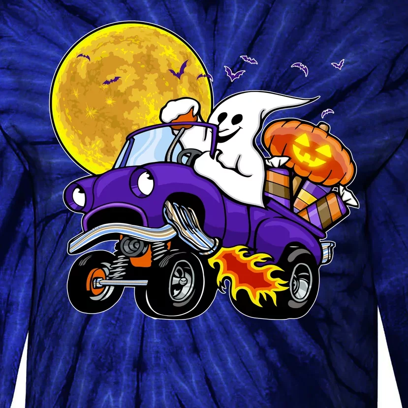 Funny Halloween Ghost Muscle Car Tie-Dye Long Sleeve Shirt