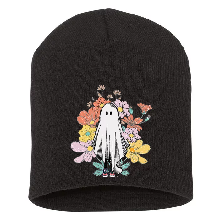 Floral Halloween Ghost Short Acrylic Beanie