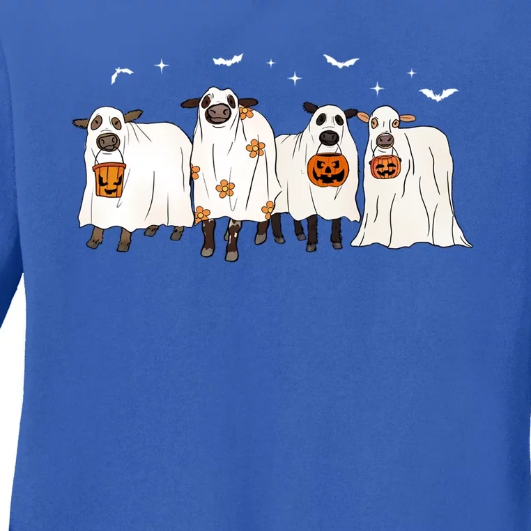 Funny Halloween Ghost Cows Trick Or Treat Cow Lover Cool Gift Ladies Long Sleeve Shirt