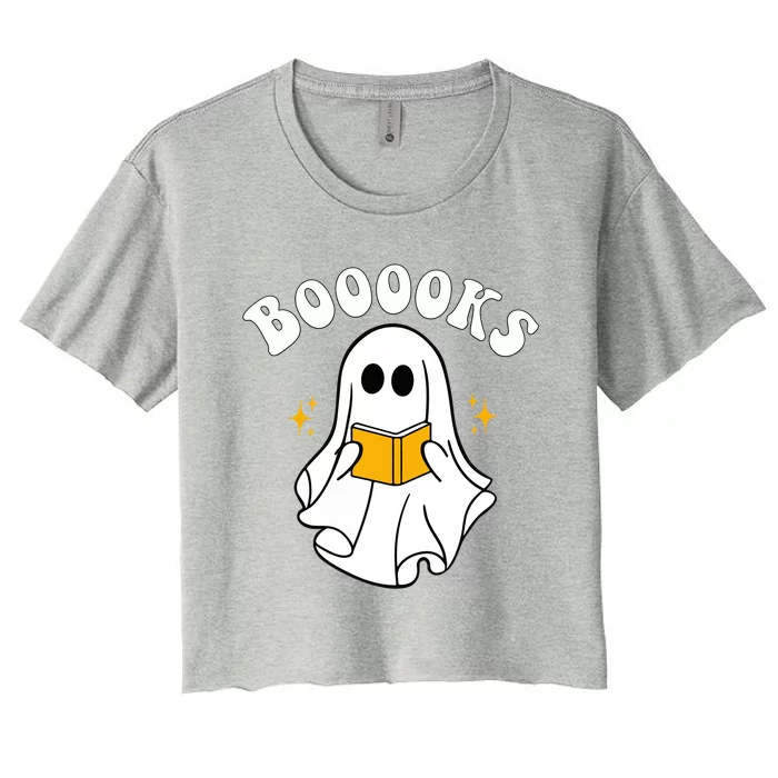 Funny Halloween Ghost Reading Book Vintage Teacher Cool Gift Women's Crop Top Tee