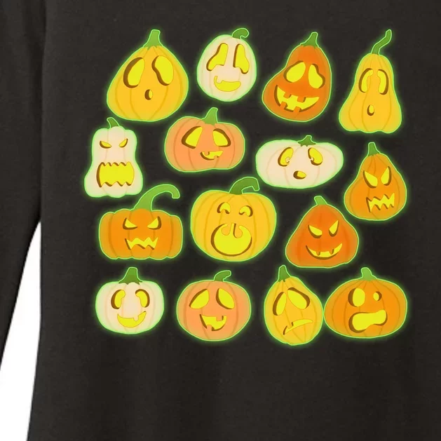 Funny Halloween Glowing Jackolantern Pumpkin Faces Womens CVC Long Sleeve Shirt