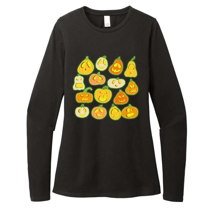 Funny Halloween Glowing Jackolantern Pumpkin Faces Womens CVC Long Sleeve Shirt