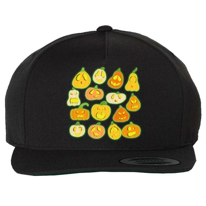 Funny Halloween Glowing Jackolantern Pumpkin Faces Wool Snapback Cap