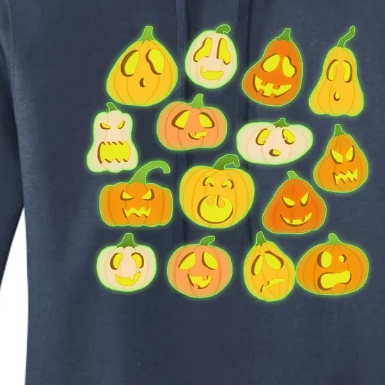 Funny Halloween Glowing Jackolantern Pumpkin Faces Women's Pullover Hoodie