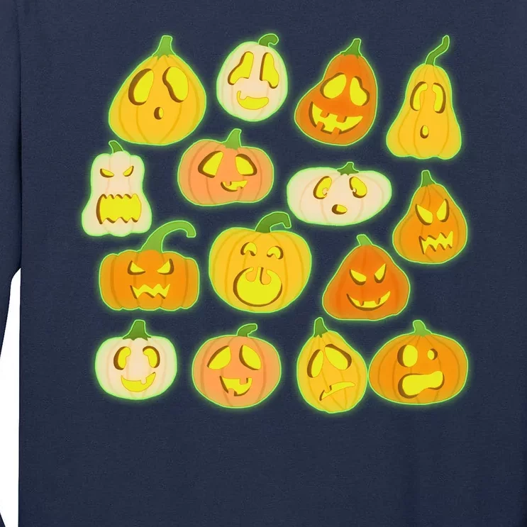 Funny Halloween Glowing Jackolantern Pumpkin Faces Tall Long Sleeve T-Shirt