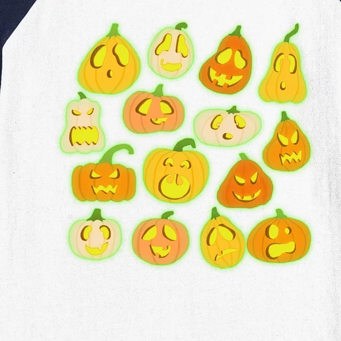 Funny Halloween Glowing Jackolantern Pumpkin Faces Baseball Sleeve Shirt