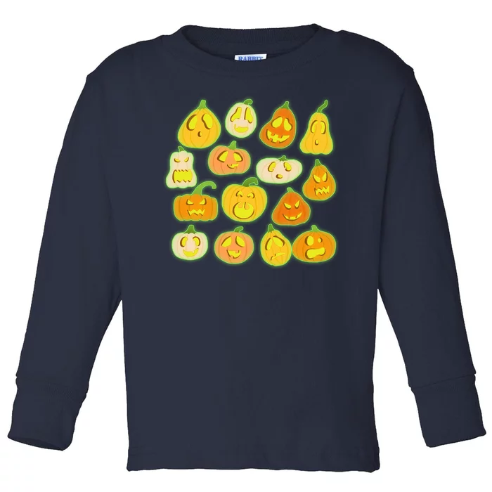 Funny Halloween Glowing Jackolantern Pumpkin Faces Toddler Long Sleeve Shirt