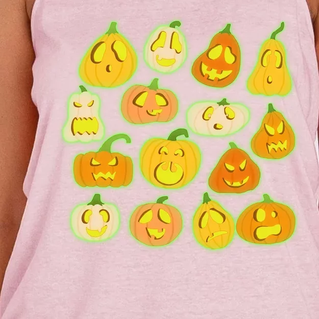 Funny Halloween Glowing Jackolantern Pumpkin Faces Women's Knotted Racerback Tank