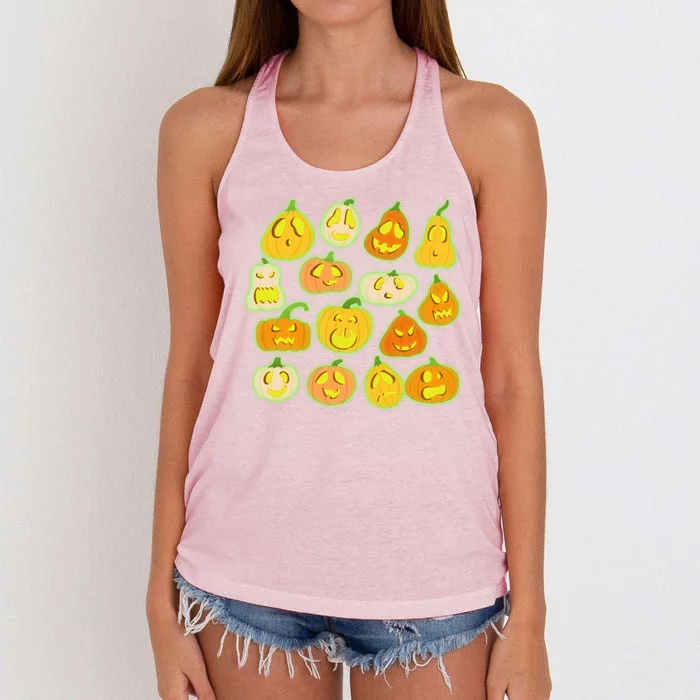 Funny Halloween Glowing Jackolantern Pumpkin Faces Women's Knotted Racerback Tank