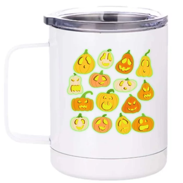 Funny Halloween Glowing Jackolantern Pumpkin Faces Front & Back 12oz Stainless Steel Tumbler Cup