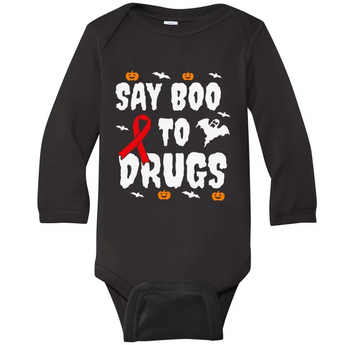 Funny Halloween Gift Say Boo To Drugs Awareness Red Ribbon Baby Long Sleeve Bodysuit