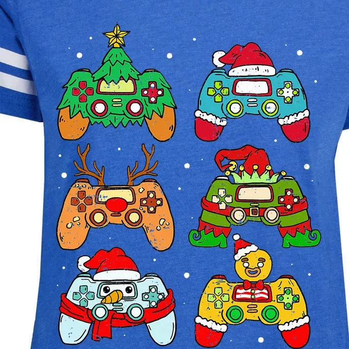 Festive Holiday Gaming Controllers with Santa Elf and Snowman Enza Ladies Jersey Football T-Shirt