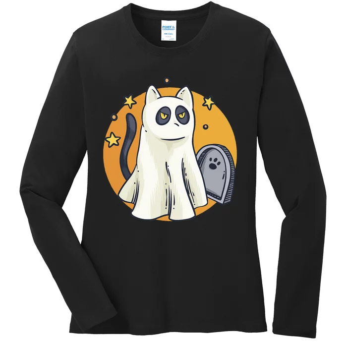 Funny Halloween Ghost Cat Costume Cute Black Cat Ladies Long Sleeve Shirt