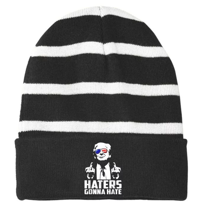 Funny Haters Gonna Hate President Donald Trump Middle Finger Striped Beanie with Solid Band