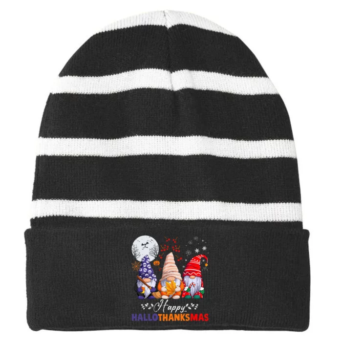 Festive HalloThanksMas Gnomes Spooky Holiday Decor Striped Beanie with Solid Band