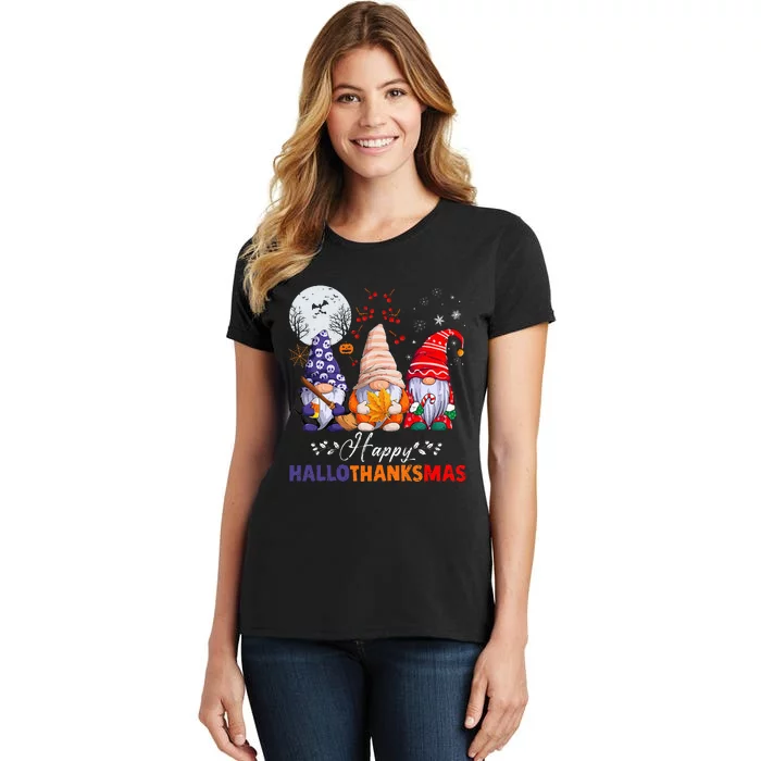 Festive HalloThanksMas Gnomes Spooky Holiday Decor Women's T-Shirt