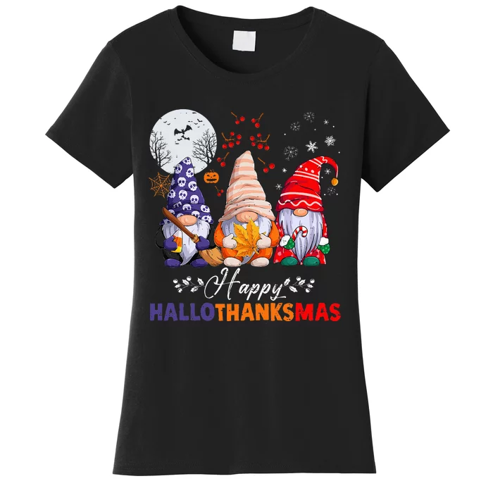 Festive HalloThanksMas Gnomes Spooky Holiday Decor Women's T-Shirt