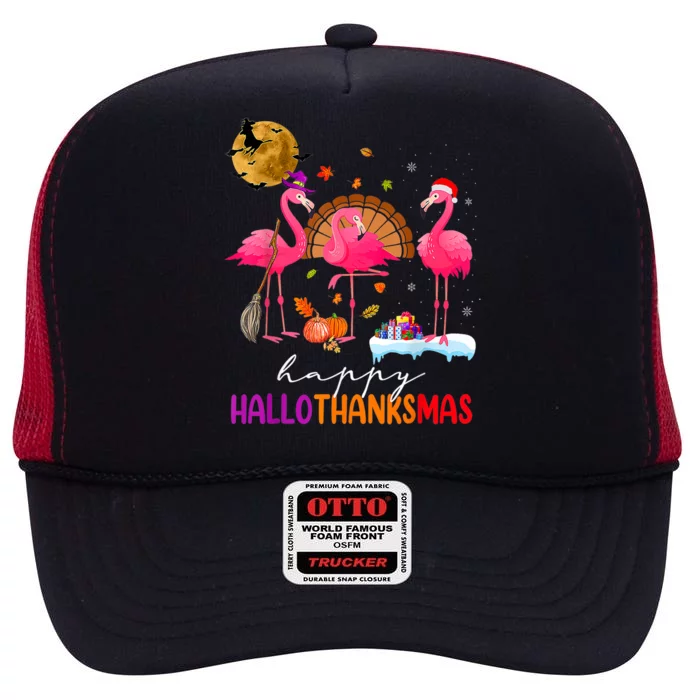 Flamingo Happy HalloThanksmas Funny Halloween Thanksgiving High Crown Mesh Trucker Hat