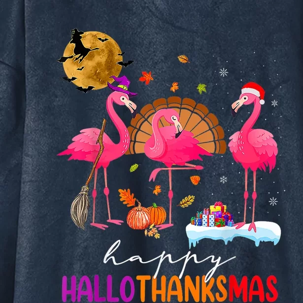 Flamingo Happy HalloThanksmas Funny Halloween Thanksgiving Hooded Wearable Blanket