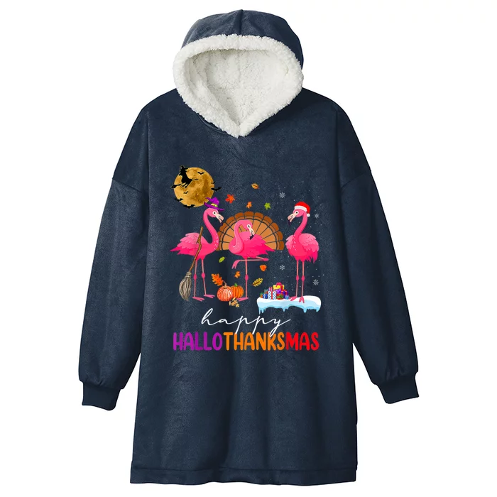 Flamingo Happy HalloThanksmas Funny Halloween Thanksgiving Hooded Wearable Blanket