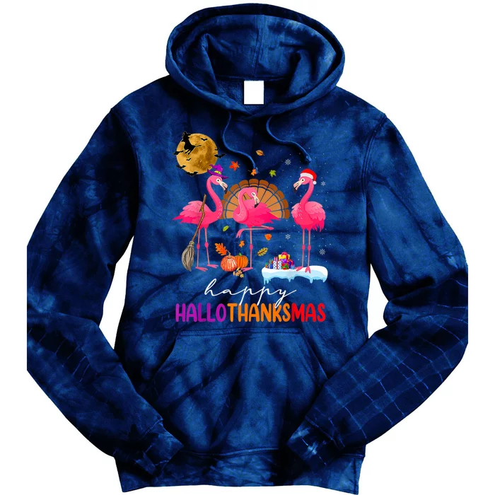 Flamingo Happy HalloThanksmas Funny Halloween Thanksgiving Tie Dye Hoodie