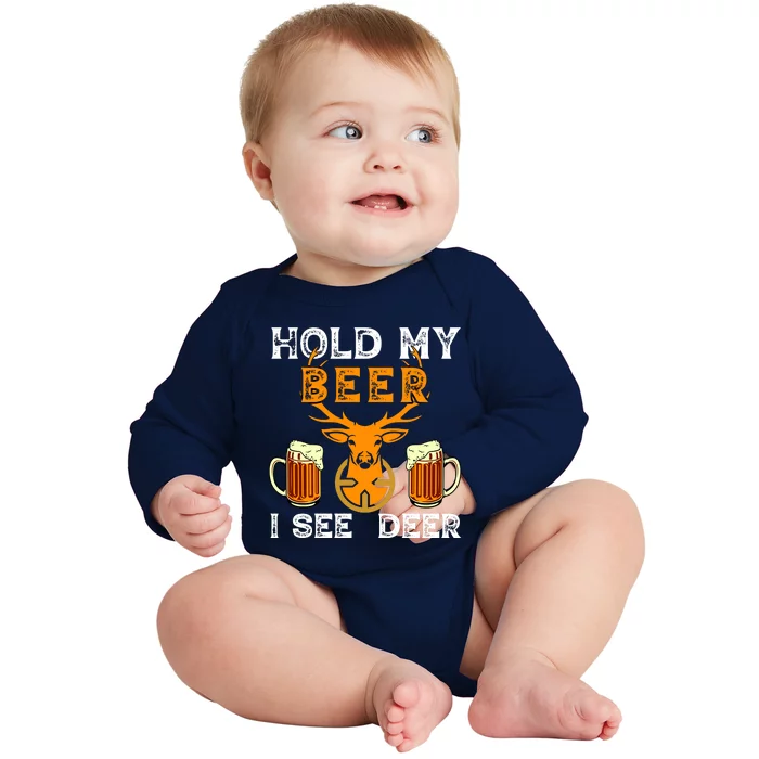 Funny Hunting Hold My Beer I See A Deer Baby Long Sleeve Bodysuit