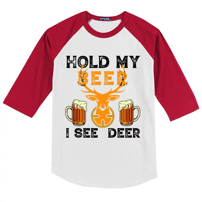 Funny Hunting Hold My Beer I See A Deer Kids Colorblock Raglan Jersey