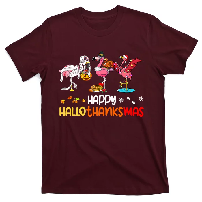 Flamingo Happy Hallothanksmas Halloween Thanksgiving Xmas T-Shirt