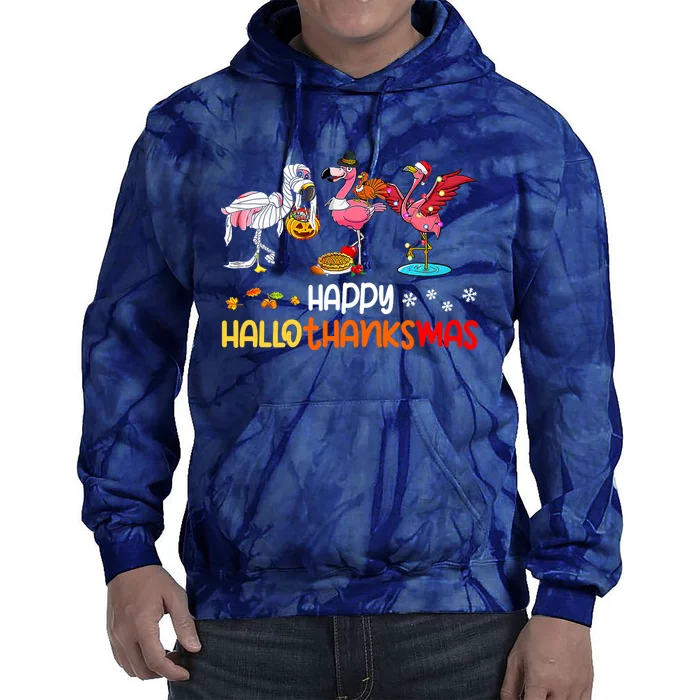 Flamingo Happy Hallothanksmas Halloween Thanksgiving Xmas Tie Dye Hoodie