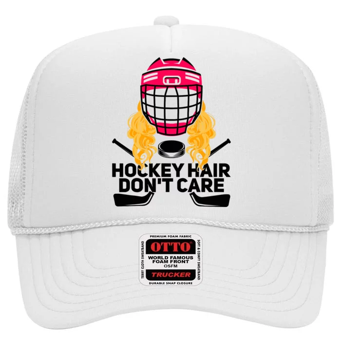 Funny Hockey Hair Don't Care Ice Hockey Girl Player Goalie High Crown Mesh Trucker Hat