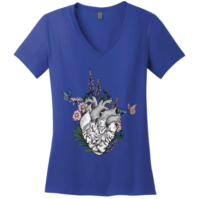 Funny Hu Heart Anatomy Anatomical Heart Floral Flower Gift Women's V-Neck T-Shirt