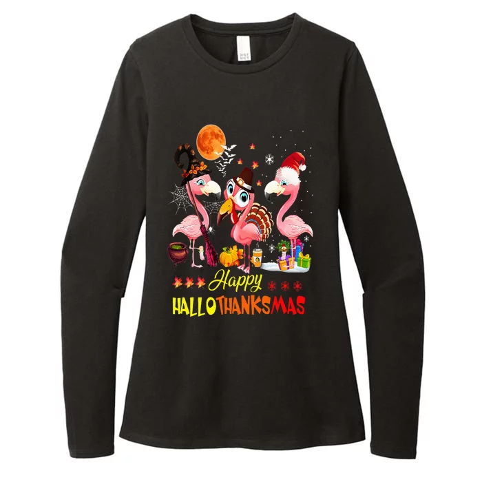 Flamingo Happy HalloThanksMas Halloween Thanksgiving Womens CVC Long Sleeve Shirt