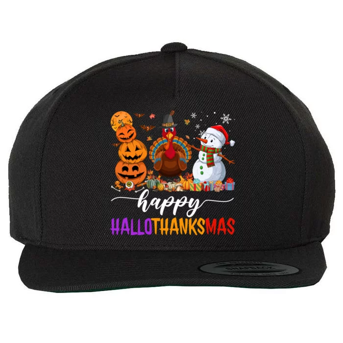 Funny Happy Hallothanksmas Halloween Thanksgiving Christmas Wool Snapback Cap