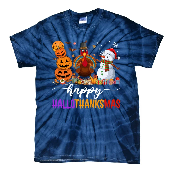 Funny Happy Hallothanksmas Halloween Thanksgiving Christmas Tie-Dye T-Shirt