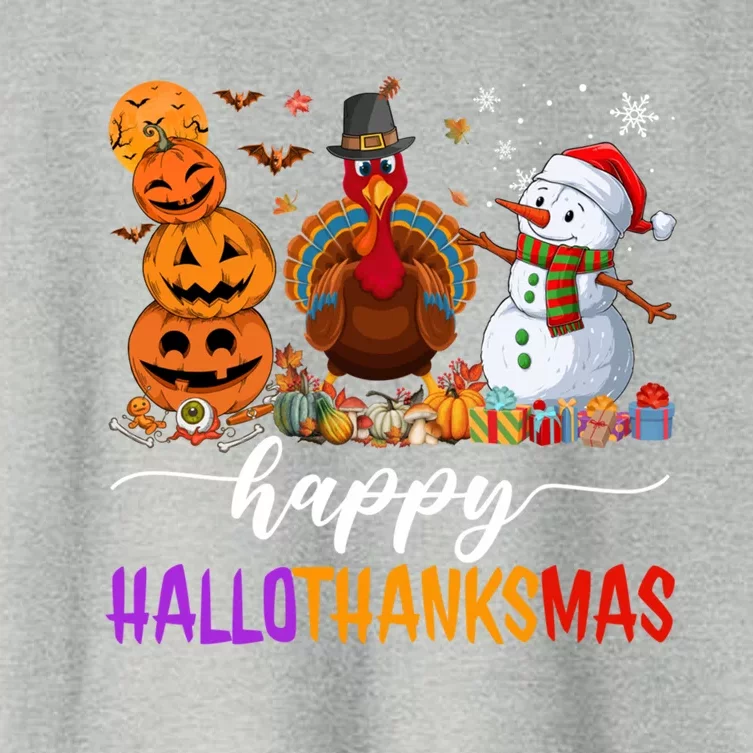 Funny Happy Hallothanksmas Halloween Thanksgiving Christmas Women's Crop Top Tee